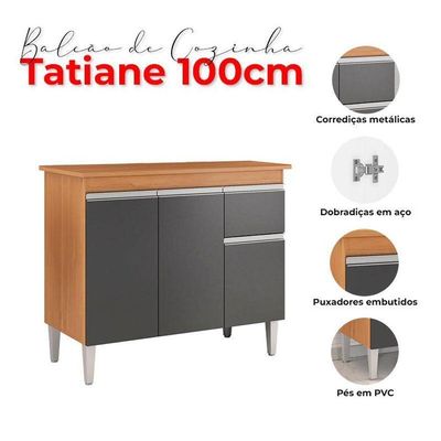 Balcão De Cozinha Tatiane Com Tampo 100cm Amêndoa Preto - Ajl