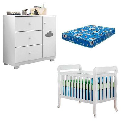 Berço Americano Lila E Cômoda Infantil Ane Branco Brilho Com Colchão Ortobom – Phoenix Baby