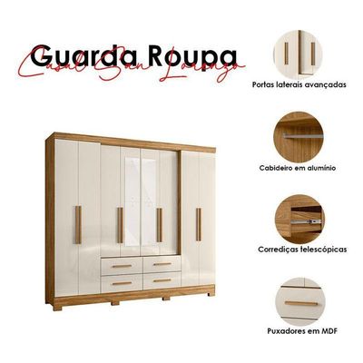 Guarda Roupa Casal San Lorenzo Com Espelho E Cômoda Texas Freijó Off White – Moval