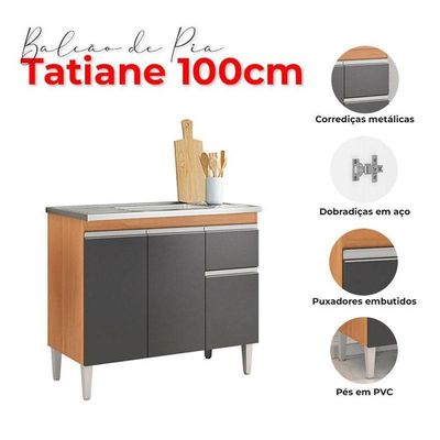 Balcão De Pia Ambiente Tatiane 100cm Amêndoa Preto - Ajl