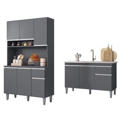 Balcão De Pia Tatiane 120 Cm E Armário Cozinha Kit Márcia Ambiente Cinza Fosco - Ajl