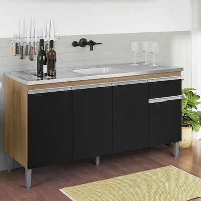 Balcão De Pia Tatiane 145 Cm E Armário Aéreo Andreia 3 Portas 120 Cm Amêndoa Preto – Ajl