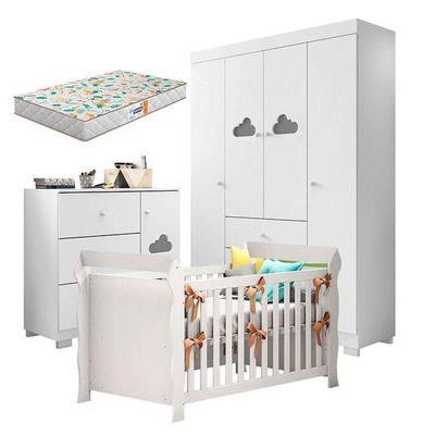 Quarto De Bebê Ane Com Berço Americano Lara Branco Brilho Com Colchão Gazin – Phoenix Baby
