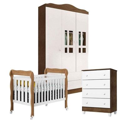 Quarto De Bebê Ariel 3 Portas Com Gaveteiro E Berço Americano Lila Branco Acetinado Amadeirado - Carolina