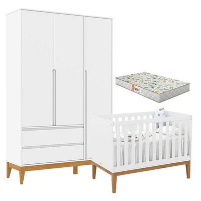 Berço Americano Unique E Guarda Roupa 3 Portas Nature Clean Branco Soft Eco Wood Com Colchão Gazin – Matic