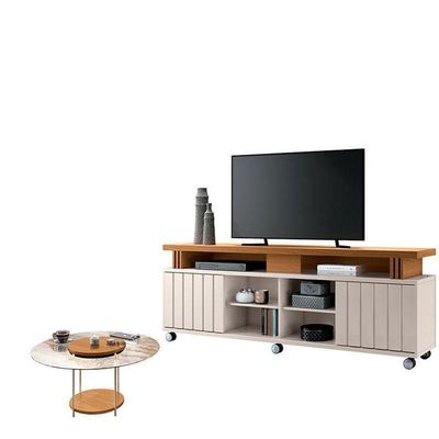 Rack Bancada Rivera 1.8 Com Mesa De Centro Sky Com Tampo De Vidro Cinamomo Off White – Hb Móveis