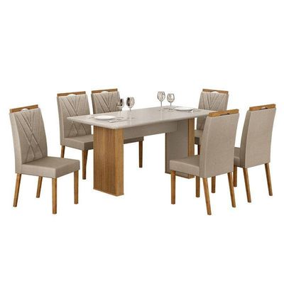Mesa De Jantar Ambiente Júlia 160x80cm Cinamomo Off White Com 6 Cadeiras Lara Veludo Bege - Valdemóveis