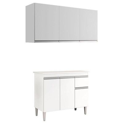 Balcão De Cozinha Tatiane Com Tampo 100cm E Armário Aéreo Andréia 3 Portas Branco Brilho - Ajl