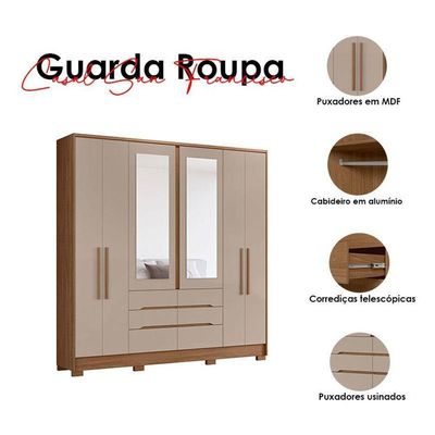 Guarda Roupa Casal San Francisco 6 Portas Carvalho Fendi Com Espelho - Moval