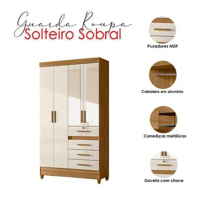 Guarda Roupa Solteiro Ambiente Sobral 4 Portas Freijó Off White Com Espelho - Moval