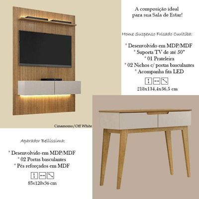 Home Suspenso Frisado Curitiba 1344 Com Led E Aparador Bellíssima Cinamomo Off White - Valdemóveis