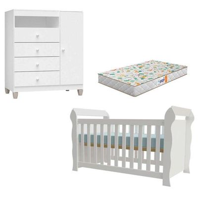 Berço Americano Lara Com Colchão Gazin E Cômoda Infantil Ternura Baby Branco Brilho - Incorplac