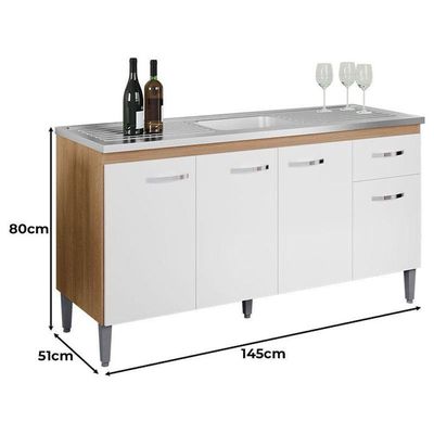 Balcão De Pia Gabriela 150cm E Armário Aéreo Andréia Amêndoa Branco - Ajl