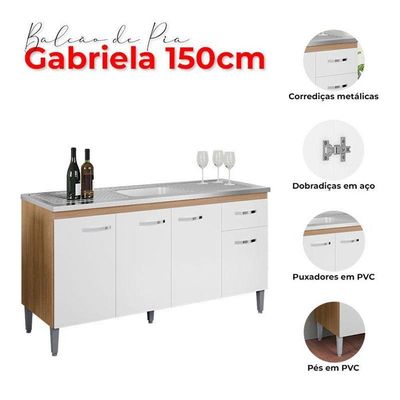 Balcão De Pia Gabriela 150cm E Armário Aéreo Andréia Amêndoa Branco - Ajl