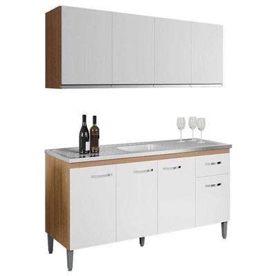 Balcão De Pia Gabriela 150cm E Armário Aéreo Andréia Amêndoa Branco - Ajl