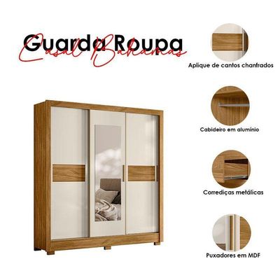 Guarda Roupa Casal Bahamas 3 Portas Freijó Off White Com Espelho - Moval
