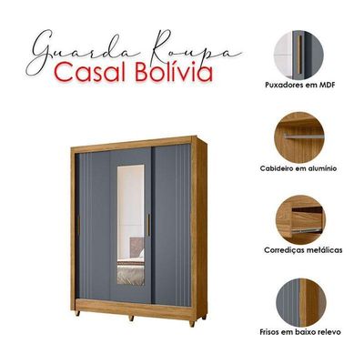 Guarda Roupa Casal Ambiente Bolívia 3 Portas Freijó Cinza Com Espelho - Moval