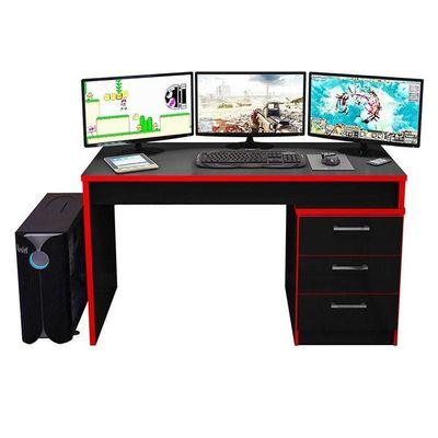 Mesa Para Computador Gamer Drx 5000 E Livreiro Office Preto Trama Vermelho - Móveis Leão
