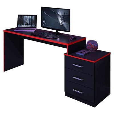 Mesa Para Computador Gamer Drx 5000 E Livreiro Office Preto Trama Vermelho - Móveis Leão