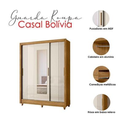Guarda Roupa Casal Ambiente Bolívia 3 Portas Freijó Off White Com Espelho - Moval