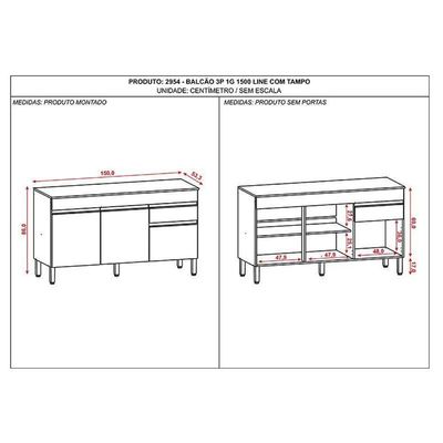Balcão De Pia Line 150 Cm Com Tampo Gris - Kits Paraná