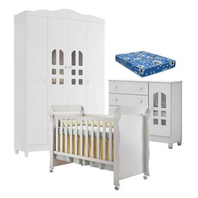Quarto De Bebê New Selena 4 Portas Com Cômoda Selena E Berço Mirelle Branco Brilho E Colchão Ortobom – Carolina Móveis