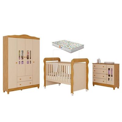 Quarto De Bebê Ariel 4 Portas Com Berço Americano Mirelle Off White Bétula Com Colchão Gazin –carolina Baby