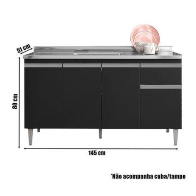 Balcão De Pia Tatiane 150 Cm Preto Fosco - Ajl