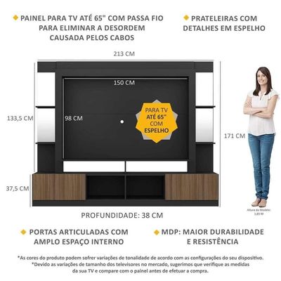 "Estante Tv 65"" Prateleiras C/ Espelho Oslo Multimóveis V3393"