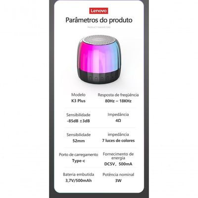 Caixa De Som Bluetooth Lenovo K3 Preto