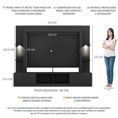 "Estante Tv 65"" Com Leds Berlim Multimóveis V3392 Preta Preto"