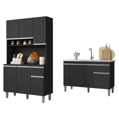 Balcão De Pia Tatiane 120 Cm E Armário Cozinha Kit Márcia Ambiente Preto Fosco - Ajl