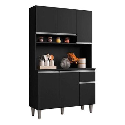 Balcão De Pia Tatiane 120 Cm E Armário Cozinha Kit Márcia Ambiente Preto Fosco - Ajl