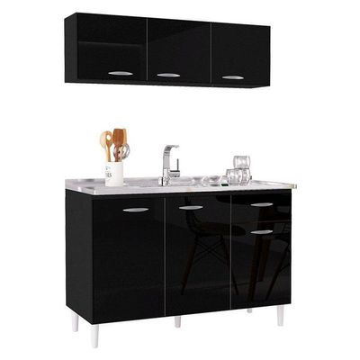 Balcão De Pia E Armário Aéreo 120 Cm Preto – Poquema