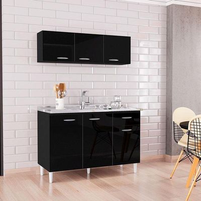Balcão De Pia E Armário Aéreo 120 Cm Preto – Poquema