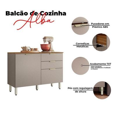 Balcão De Cozinha Alba 120cm Amêndola Nude Prime Tx Com Tampo - Demóbile