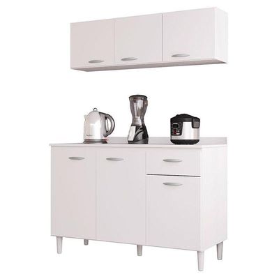 Balcão De Cozinha Com Tampo E Armário Aéreo 120 Cm Branco Brilho - Poquema