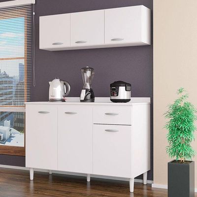 Balcão De Cozinha Com Tampo E Armário Aéreo 120 Cm Branco Brilho - Poquema