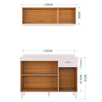 Balcão De Cozinha Com Tampo E Armário Aéreo 120 Cm Branco Brilho - Poquema