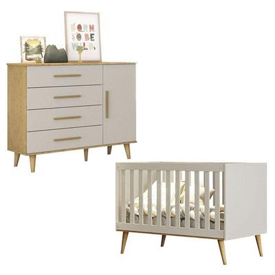 Berço Americano E Cômoda Infantil Ambiente Ludmila Off White Bétula - Carolina Baby