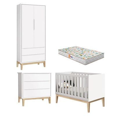 Quarto De Bebê 2 Portas E Cômoda Gaveteiro New Classic Branco Com Pés Madeira Natural E Colchão Gazin ? Reller