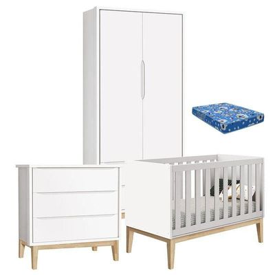 Quarto De Bebê Classic 2 Portas Com Colchão E Cômoda Gaveteiro Branco Pés Madeira Natural ? Reller