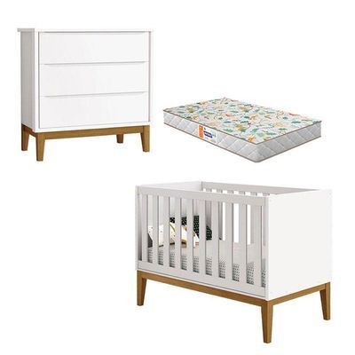 Berço Americano E Cômoda Gaveteiro New Classic Branco Com Pés Madeira E Colchão Gazin ? Reller