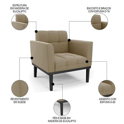 Poltrona Decorativa Base Madeira Preto Ana Suede Marrom Rt - Ibiza