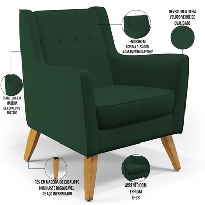 Kit 02 Poltronas Decorativas com Pés de Madeira Taroba D02 Veludo Verde Musgo C-303 - Lyam Decor