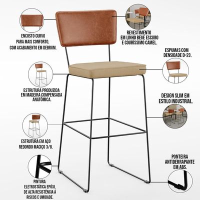 Kit 04 Banquetas Altas Sala Jantar Fixa Allana L02 Couríssimo Camel Linho Bege Escuro - Lyam Decor