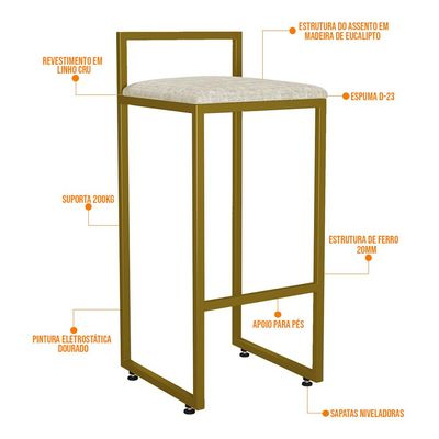 Kit 03 Banquetas Alta Para Cozinha Sala De Jantar Hanna L02 Dourado Linho Cru - Lyam Decor