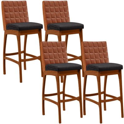 Kit 04 Banquetas Altas Cozinha Sala Jantar Fixa Mila B04 Couríssimo Camel Linho Chumbo - Lyam Decor