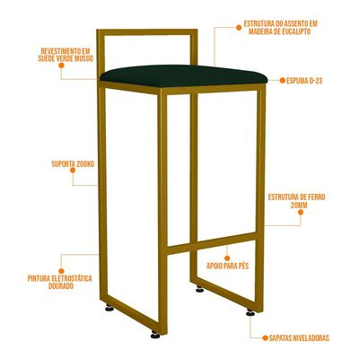 Banqueta Alta Para Cozinha Sala De Jantar Hanna L02 Dourado Suede Verde Musgo - Lyam Decor
