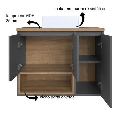 Gabinete De Banheiro Suspenso 80cm Cecília Com 03 Portas E 01 Nicho Mel-grafite Com Cuba Branca